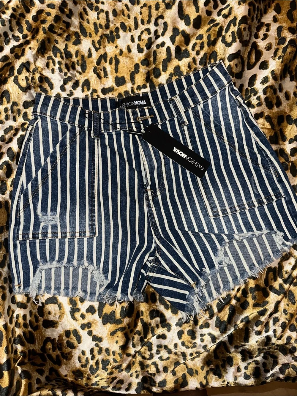 Fashion Nova Navy & White Striped High-Rise Distressed Jean Shorts